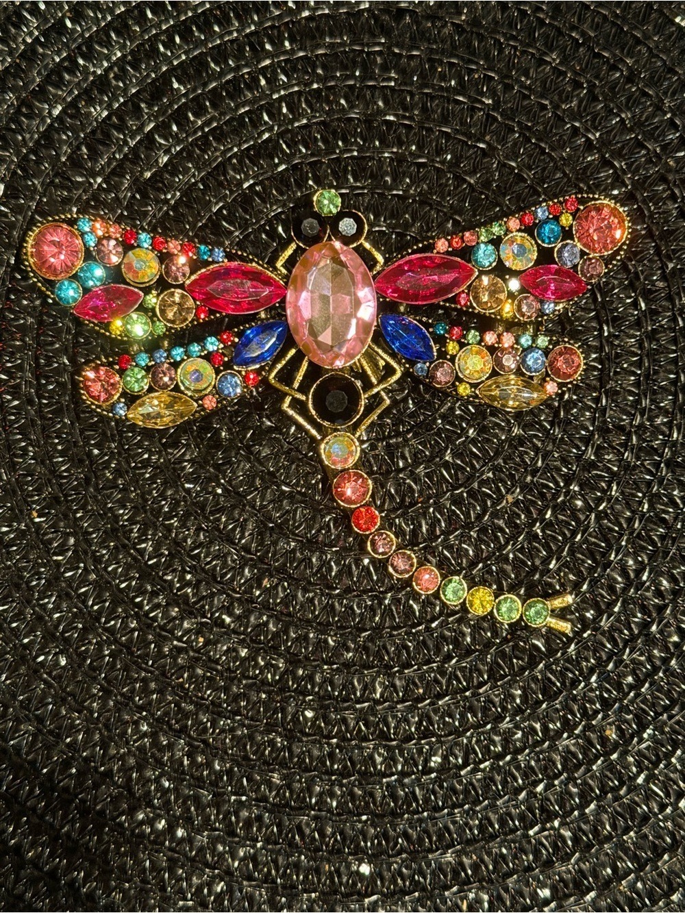 Multicolor Crystal Dragonfly Brooch - Gold Tone